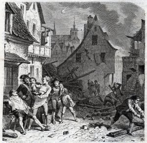 A lillei borotválkozó edény. Egy epizód Lille 1792-es ostromából a francia függetlenségi háborúk idején - Le siege de Lille en octobre 1792 - Revolution francaise - Osztrákok és poroszok bombázása - Borbély fél bombát használ szakálltányérként - engr alkotó: Unknown artist