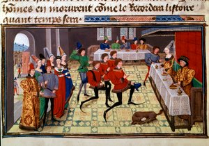 Az esküvői bankett Clarisse, Yvon Gascogne király lánya és Renaud Miniature, Loyset Liedet „Renaud de Montauban” vagy „Les quatre fils Aymon” kéziratából (aktív 1448 és 1478 között). Ms. 5073. 15. századi Bibliotheque alkotó: Unknown artist
