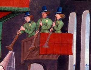 Clarisse, Yvon Gascony király lánya és a trombitásokat képviselő Renaud Detail esküvői bankettje. Miniatűr Loyset Liedet „Renaud de Montauban” vagy „Les quatre fils Aymon” kéziratából (aktív 1448 és 1478 között). Ms. 5073. alkotó: Unknown artist