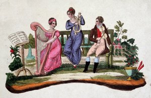 Három ember játszik hangszeren egy kertben: hárfa, líra, brácsa. Rézkarc sd. a 18. századból. alkotó: Unknown artist