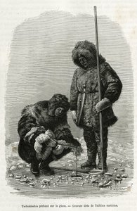 Tschuktschis horgászat jégen a Koljutschin-öbölben (sarkkör). Metszet a svéd kiadásból, az 1878-1880-as években Nils Adolf Erik (Eric) báró Nordenskjold (Nordenskiold) (1832-1901) „Utazás de la Vega körül Ázsia és Európa körül” című történet illusztrálásár alkotó: Unknown artist