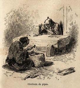 Két munkás kalapáccsal és ütővel fémcsöveket farag műhelyükben. Aime Humbert, a Svájci Államszövetség minisztere 1863-1864-es metszete a japán utazás szemléltetésére, amely a „le tour du monde”-ban jelent meg, a rendezés alatt alkotó: Unknown artist