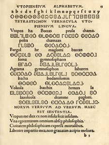 Utopiensium Alphabetum" (Utópiai ábécé) Sir Thomas More (1478-1535) "Utópia" 1518-as harmadik kiadásából, amely először 1516-ban jelent meg. A fametszet az Utópia szigetén használt fiktív nyelvet mutatja be. alkotó: Unknown artist