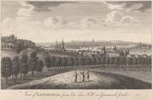 Kilátás Londonra és a templomra a One Tree Hillről a Greenwich Parkban alkotó: Unknown artist