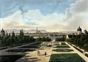 Kilátás a bécsi Belvedere-re, az osztrák barokk palotára, amelyet Eugene de Savoye épített. századi litográfia alkotó: Unknown artist
