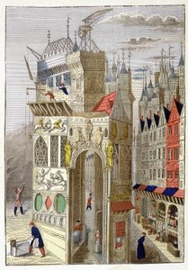 Kilátás a 15. századi rue de Paris utcára, favázas házaival és épülő templomával. alkotó: Unknown artist