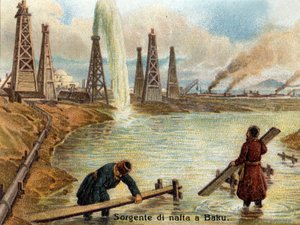 Kilátás az olajkutakra Bakuban, Azerbajdzsánban. 1890 körül készült kromolitográfia. alkotó: Unknown artist