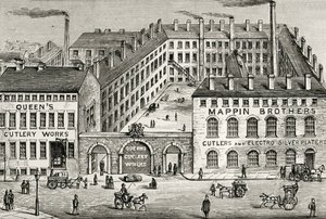 A londoni Mappin Brothers evőeszközgyár látképe. Részlet az 1891-es hirdetésből. Metszet. alkotó: Unknown artist