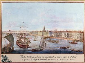 Kilátás a Névára a Téli Palotánál és a Szentpétervári Tudományos Akadémiánál. Nyomtatás 1753 körül. Paris, B.N. alkotó: Unknown artist