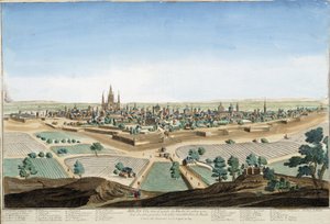 Kilátás Milánó városára, Olaszországban a katedrálissal és az erődítményekkel. 18. századi metszet. alkotó: Unknown artist