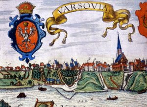 Varsó városának kilátása a város címerével. 1780. alkotó: Unknown artist