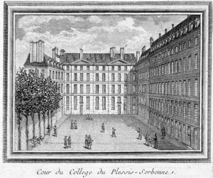 A Geoffroy du Plessis Balisson által 1323-ban alapított, 1848-ban és 1849-ben az ENA által használt Plessis Sorbonne (Párizs) főiskola udvarának képe. A Musee Carnavaletben őrzött metszet. alkotó: Unknown artist