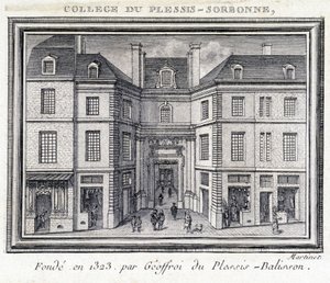 Kilátás a Plessis Sorbonne (Párizs) főiskola külső homlokzatára, amelyet 1323-ban alapított Geoffroy of Plessis Balisson, amelyet 1848 és 1849 között használt az ENA. A metszet a párizsi Musee Carnavaletben maradt fenn. alkotó: Unknown artist