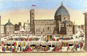 Kilátás a nagy firenzei katedrálisra (Duomo Santa Maria del Fiore), amelyet Filippo Brunelleschi valósított meg, a Szent Isten körmenetének napján. 1790 kb. alkotó: Unknown artist