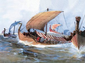 Viking hajó Normandia felé, akvarell alkotó: Unknown artist