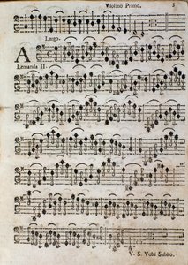 Hegedű. Kottaoldal a Balletto a 3, op. 3, Tomaso Albinoni (1701) alkotó: Unknown artist