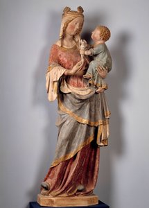 Szűz és gyermek A gyermek tartja a galambot. Polikróm kőszobor a 14. század elejéről. Champeuil, plébániatemplom alkotó: Unknown artist