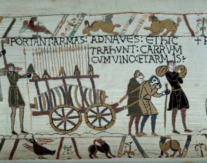 Fegyvereket és bort visznek a hajókra az Anglia meghódítására való tankolás során Hódító Vilmos (1027-1087) flottái 1066-ban Részlet a Bayeux-i kárpitról vagy Mathilde királynő hímzéséről alkotó: Unknown artist
