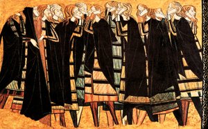 Sírás fekete köpenyben Don Sancho Saiz de Carillo lovag sírján, a sírt díszítő freskó részlete. Detrempe fán. 13. század vége. Catalunya Nemzeti Múzeum, Barcelona. alkotó: Unknown artist