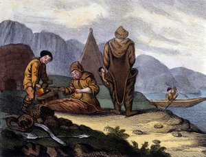 Nyugat-Grönland-parti eszkimók. 19. század eleji litográfia alkotó: Unknown artist