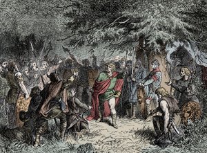 Wittekind fegyverre hívja szászait - Szász Widukind (körülbelül 750-810) felszólítja a szászokat, hogy emeljék fel a karjukat a 777-es Franco invázió ellen Nagy Károly ellen. alkotó: Unknown artist