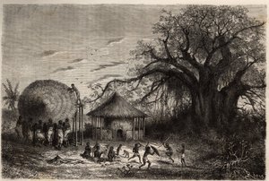 Asszonyok Zambeze széléről integetnek kunyhókban és az előtérben, gyerekjáték. Metszet Dr. Livingstone első dél-afrikai útjainak illusztrálására 1840 és 1856 között, a „Le tour du monde, nouveau Journal des voyages” című folyóiratban, amely a közvetlen cím alkotó: Unknown artist