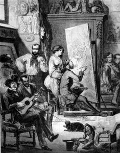 Egy festő műhelye a XIX. Vannak, akik zenélnek, mások dohányoznak, miközben a festő rajzol. századi metszet alkotó: Unknown artist