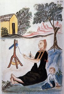Fiatal indiai nő, gyapjúfonó, Baltazar Martinez Companion és Bujanda, Trujillo püspöke (1782-1785) "Trujillo of Peru" vagy "Codex Martinez Companion" című könyvéből alkotó: Unknown artist