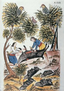 A fiatal indiánok vaddisznót mészárolnak, Baltazar Martinez Compañón y Bujanda, Trujillo püspöke (1782-1785) „Trujillo del Peru” vagy „Códice Martínez Compañón” című könyvéből alkotó: Unknown artist