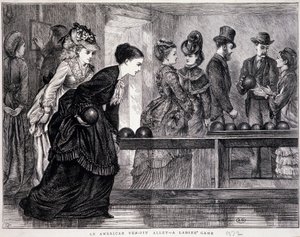 Fiatal nők bowlingoznak, az Egyesült Államokban, 1870 körül - metszet alkotó: Unknown artist