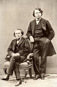 Johannes Brahms (1833-1897) német zeneszerző, ül, Joseph Joachim (1831-1907) magyar hegedűművész és zeneszerző, a berlini konzervatórium igazgatója társaságában. Fénykép félhangja (nyomtatás) alkotó: Unknown photographer