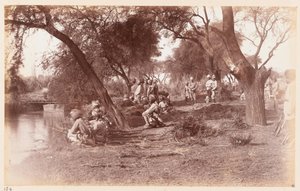 Az alipuri csatorna hídjának elfoglalása a Guides Cavalry által, Delhi gyakorlati tábora, 1885 alkotó: Unknown