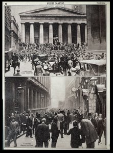 Fent: Fekete napok a Wall Streeten; lent: a londoni tőzsde az 1929-es összeomlás idején, a Pesti Naplóból. alkotó: Unknown photographer