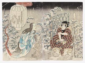 Seki Sanjūrō II mint Kamiya Niemon és Onoe Kikugorō III Kamigatából (Kudari) mint a Lámpás szellem, tapsolt a három városban (Sanganotsu gohyōban no chōchin no yūrei).