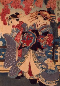 Két nő egy virágos kertben, Utagawa Kunisada, fametszet, krepon technikával