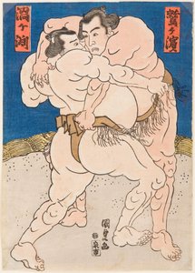 Harci harcosok Uzugafuchiból és Washigahamából. Estampe de Utagawa Kunisada (1786-1865), vers 1830 - Birkózó mérkőzés Uzugafuchi vs Washigahama, szerző: Kunisada (Toyokuni III), Utagawa (1786-1865). Színes fametszet, c. 1830. Mérete: 37x26 cm. Közlegény C