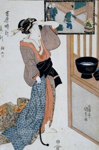 Tigris órája, reggel hetedik órája, 1818 körül, Ukiyo-e művészeti nyomat, Utagawa Kunisada (1786-1865) A tizenkét óra Yoshiwarában, Oban-tate-e fametszet, 37x24,9 cm, japán civilizáció alkotó: Utagawa Kunisada