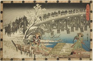 11. felvonás, 1. rész: Az éjszakai támadás megközelítése (Juichidanme ichi, yochi oshiyose), a "A hűséges megtartók bosszúja (Chushingura)" sorozatból alkotó: Utagawa Hiroshige