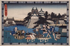 III. felvonás: Bannai, Moronao szolgája, Moronao kiengesztelésére szánt ajándékok listájával, balra Honzō figyeli alkotó: Utagawa Hiroshige