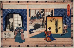 II. felvonás: Konami fogadja Rikiyát, miközben anyja figyeli; Honzō fenyőágat tart, miután Wakasanosuke kardjával levágta alkotó: Utagawa Hiroshige