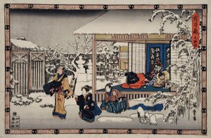 IX. felvonás: Honzó öngyilkossága családja előtt; komuszónak öltözött Juranoszuke Moronao megtámadására készül alkotó: Utagawa Hiroshige