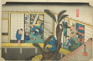 Akasaka: Pincérnők egy fogadóban (Akasaka, ryosha shofu no zu), a "Tokaido ötvenhárom állomása (Tokaido gojusan tsugi no uchi)" sorozatból, más néven Hoeido Tokaido alkotó: Utagawa Hiroshige