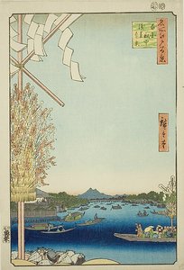 Asakusa folyó, Nagy folyópart, Miyato folyó (Asakusagawa Okawabata Miyatogawa), No.60 a "One Hundred Famous Views of Edo (Meisho Edo hyakkei)" sorozatból. alkotó: Utagawa Hiroshige