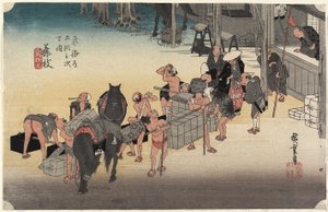 Változó hordárok és lovak, Fujieda, 1833 körül