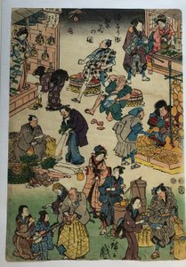 Színpadi darabok szereplői kereskedőként és vásárlóként, a „Virágzó Jōruri-negyed” sorozatból alkotó: Utagawa Hiroshige