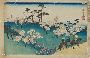 „Cseresznyevirág-nézés az Asuka-dombon” az „Edo híres helyei” című sorozatból alkotó: Utagawa Hiroshige
