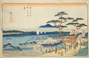 Teljesen virágzik a cseresznyevirág a Sumida folyó mentén (Sumidagawa hanazakari), a "Híres helyek a keleti fővárosban (Toto meisho)" sorozatból. alkotó: Utagawa Hiroshige