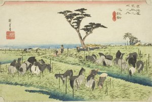 Chiryu: Kora nyári lópiac (Chiryu, shuka uma ichi), a "Tokaido ötvenhárom állomása (Tokaido gojusan tsugi no uchi)" sorozatból, más néven Hoeido Tokaido alkotó: Utagawa Hiroshige