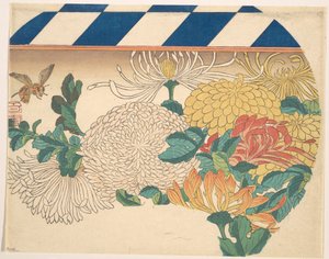 Krizantémok legyező alakú mintában alkotó: Utagawa Hiroshige