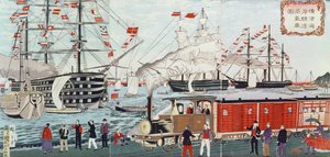Commodore Perry vasutat ajándékozott a japánoknak 1853-ban (fatömbnyomat)